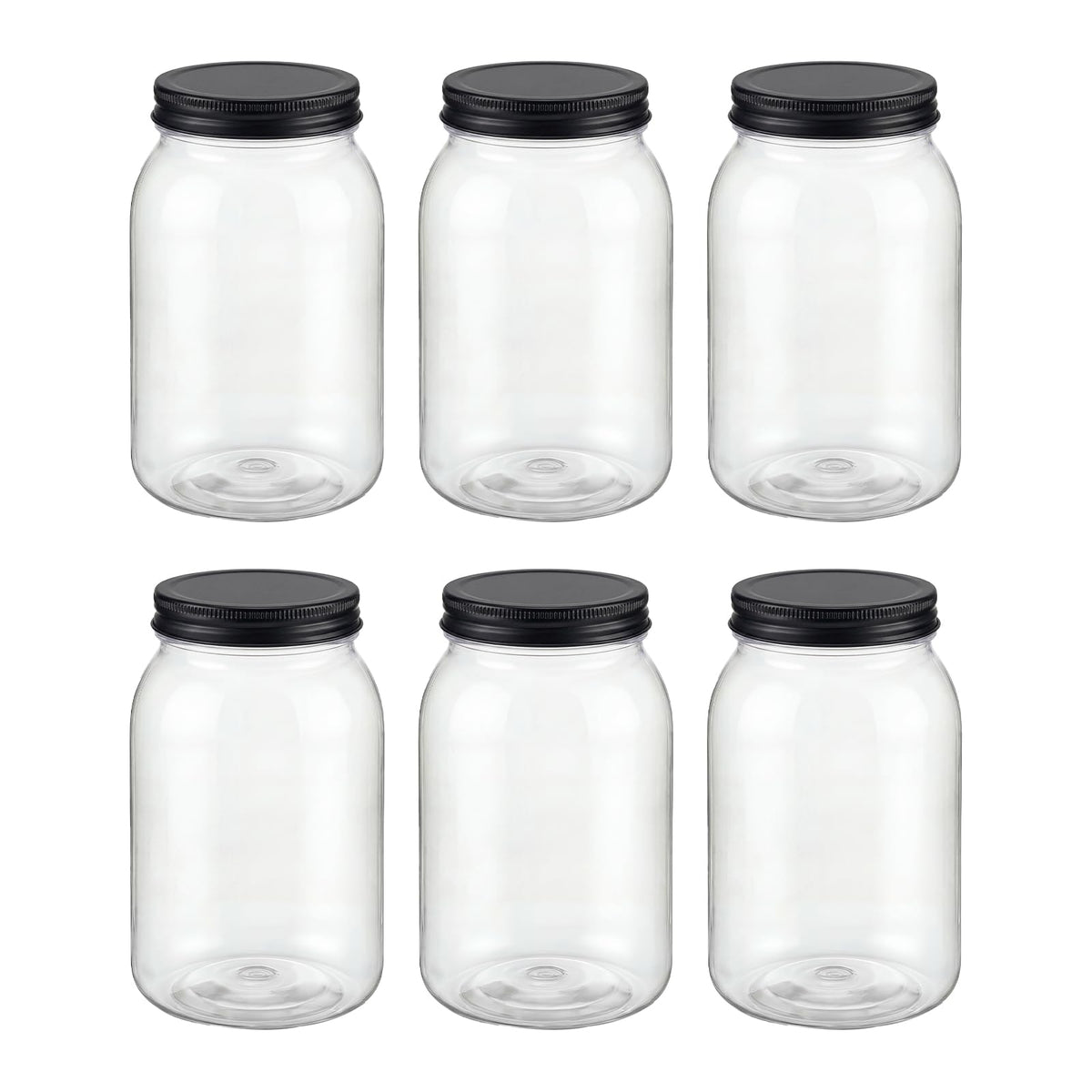 novelinks 32 oz Clear Plastic Jars with Lids, 6 Pack Large Plastic Mason Jars with Lids 32oz, Reusable Quart Containers for Kitchen Organization (6 Pack,Black)
