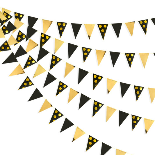 30Ft Black Gold Party Decorations Polka Dot Pennant Banner Paper Circle Dot Triangle Flags Bunting Garland for Wedding Bridal Shower Birthday Bachelorette Engagement Anniversary Holiday Party Supplies