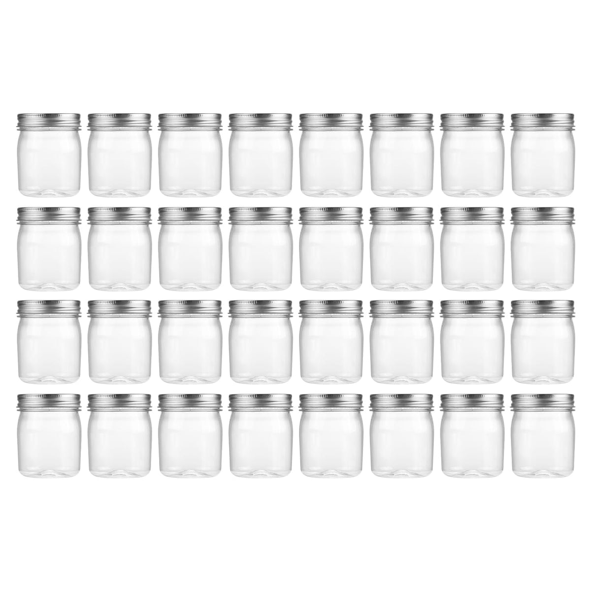 novelinks 8 oz Clear Plastic Jars with Airtight Lids, 32 Pack Plastic Mason Jars with Lids 8oz, Refillable Storage Slime Containers & Small Spice Jar for Kitchen Organization (32 Pack,Silver)