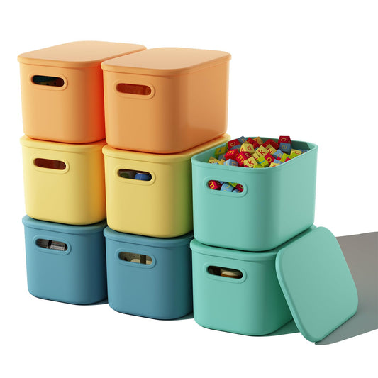 ORGIDOL 8 Pack Colorful Storage Bins with Lids Stackable Storage Container for Organizing, Storage Boxes with Handle for Shelves, Cute Storage Bin for Craft, Snacks, 9.85x6.9x5.7 inch