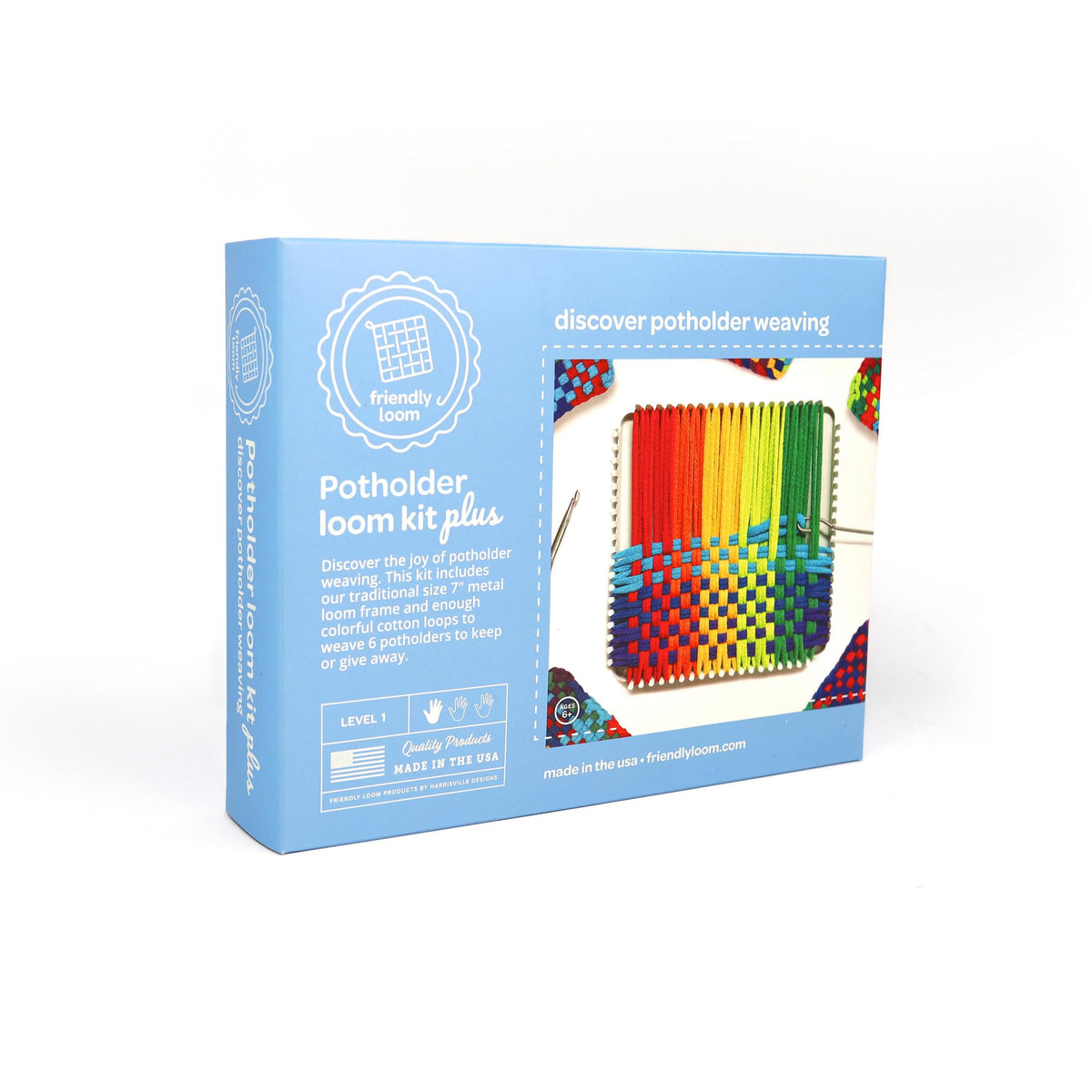 Friendly Loom 7” Traditional Potholder Loom Plus Weaving Kit | Sturdy Metal Loom and Quality Cotton Weaving Loops in Rainbow Colors | Complete Kit to Weave 6 Functional Potholders | Made in the USA