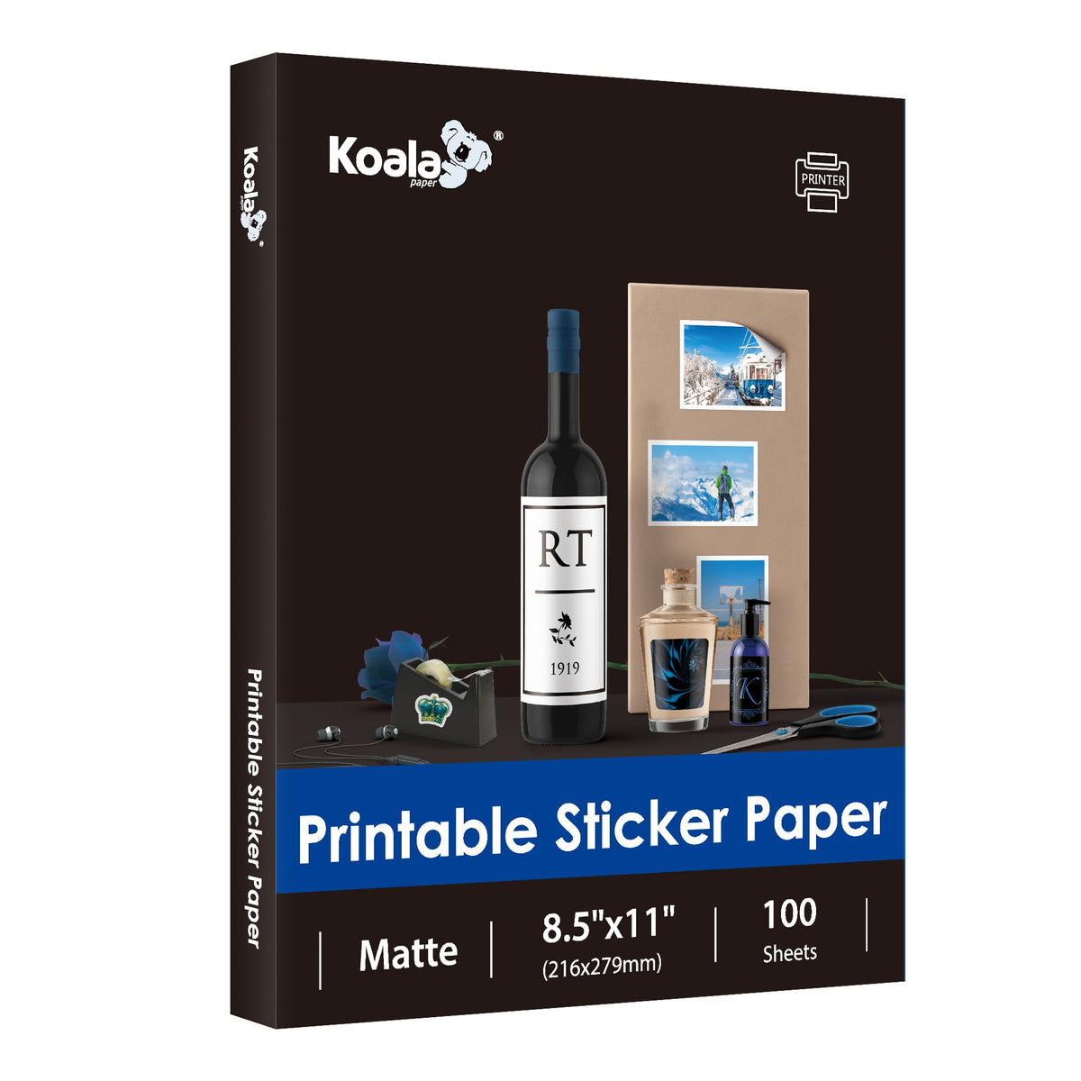 Koala 100 Sheets Sticker Paper for Regular Labels, Matte White, 8.5x11 Inch Printable Full Sheet Label Paper for Inkjet & Laser Printers