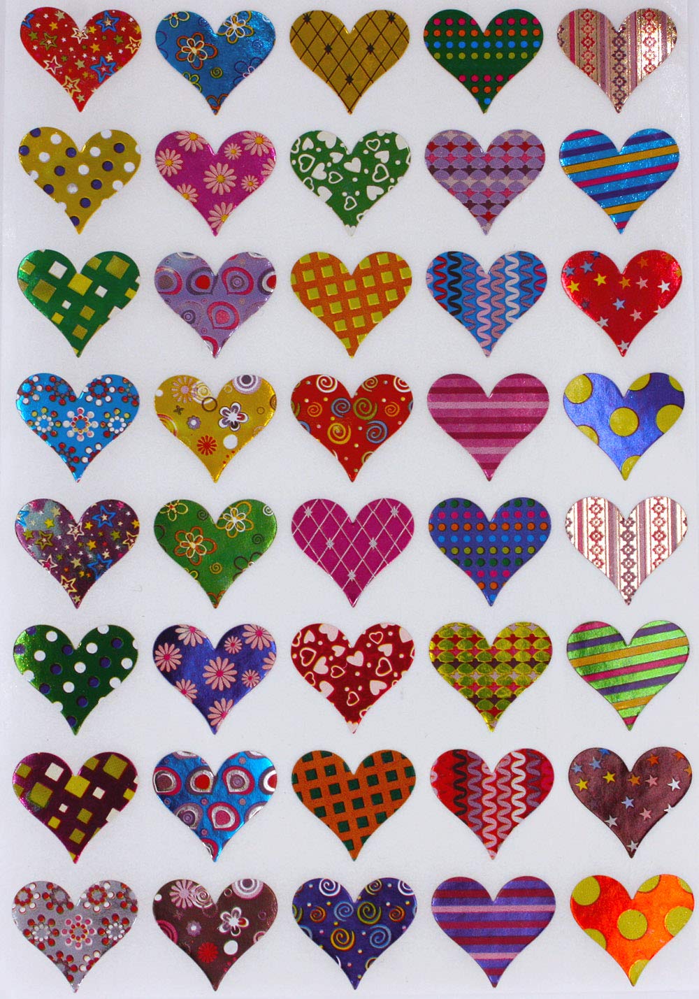 Valentines Sticker Hearts – Shiny Metallic Assorted Patterns Heart Stickers in Red, Pink, Blue, Gold, Green, Purple, Stars, Flowers, Stripes and Dots - Permanent Adhesive - 200 Pack by Royal Green