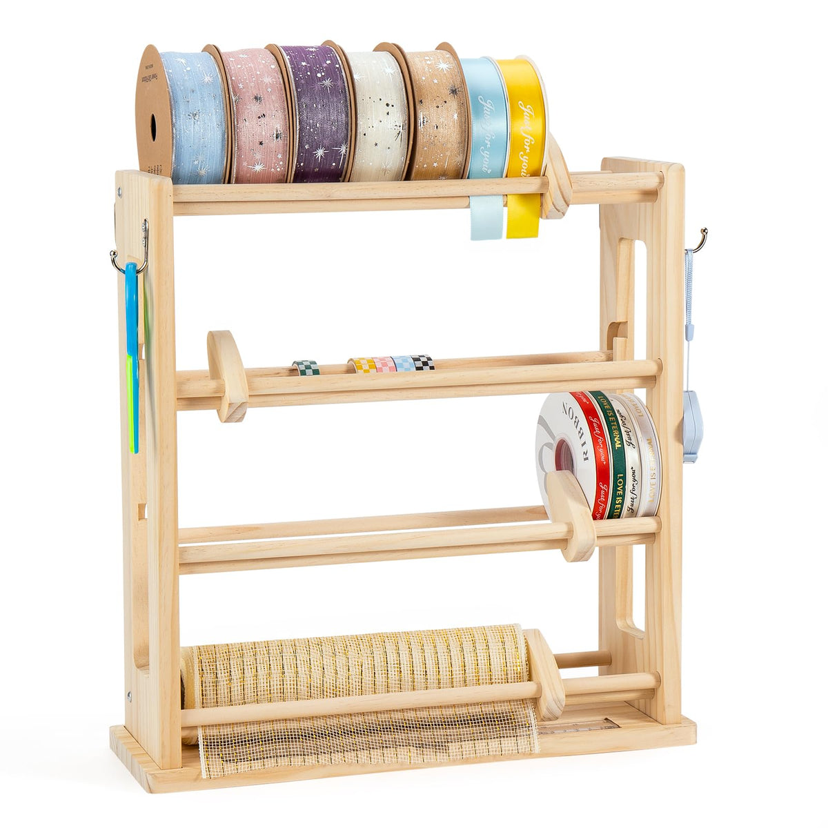 𝐂𝐫𝐚𝐟𝐢𝐭 Ribbon Storage Rack, 4-Tier Ribbon Organizer Spool Holder Dispenser, Display Sewing Thread Mesh Ribbon Wreath Washi Tape for Craft Room Shops Boutiques Florist Gift Wrapping