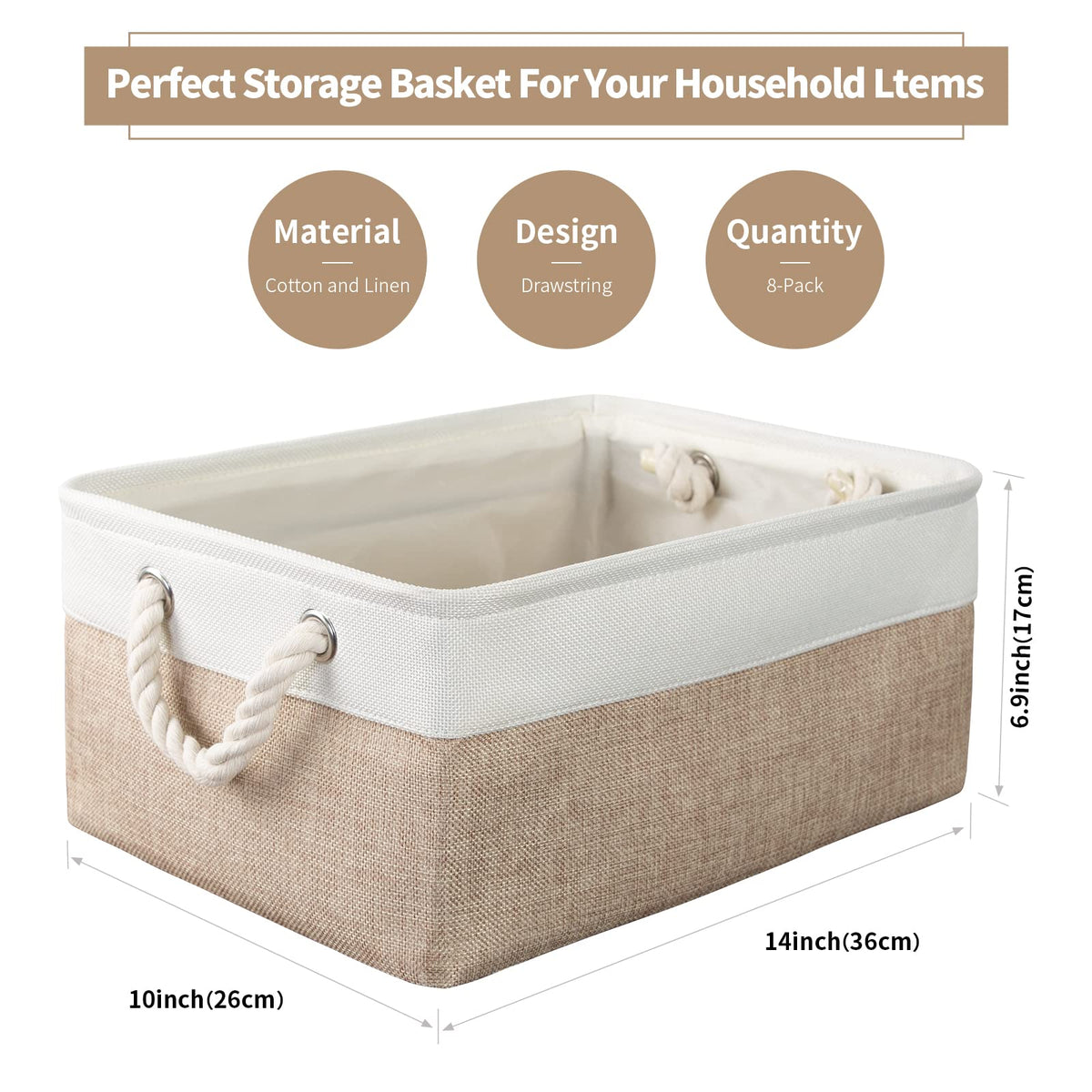 8 Pack Storage Basket Bins - Decorative Baskets Bulk Storage Box Cubes Containers with Handles for Clothes Storage Bathroom, Garage, Books, Home, Office, 13.7L x 9.8W x 6.7H (White&beige)