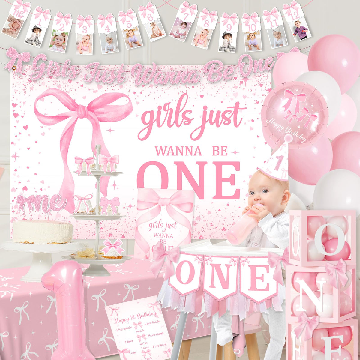 Pink Bow 1st Birthday Decorations, Girls Just Wanna Be One Birthday Decorations Kit Include Pink White Balloon Arch,Backdrop,Banner,Balloon Boxes,High Chair Banner,Bow Tablecloth,Bow Cupcake Toppers
