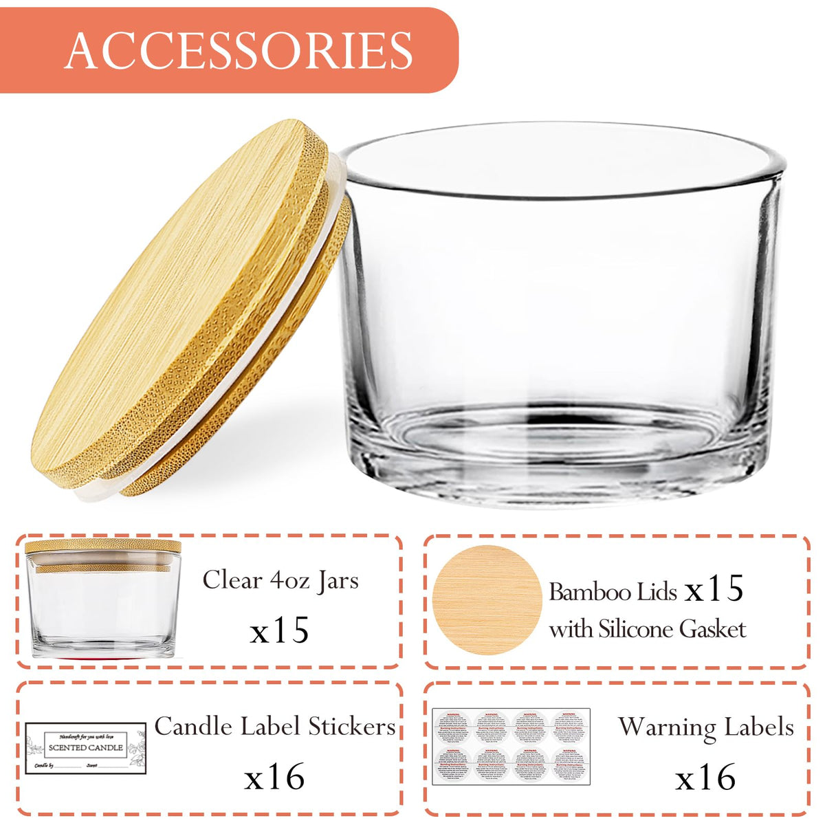 CONNOO 15 Pack 4 OZ Clear Glass Candle Jars with Airtight Bamboo Lids for Making Candles, Bulk Small Wide Mouth Empty Candle Containers with Sticky Warning Labels - Dishwasher Safe