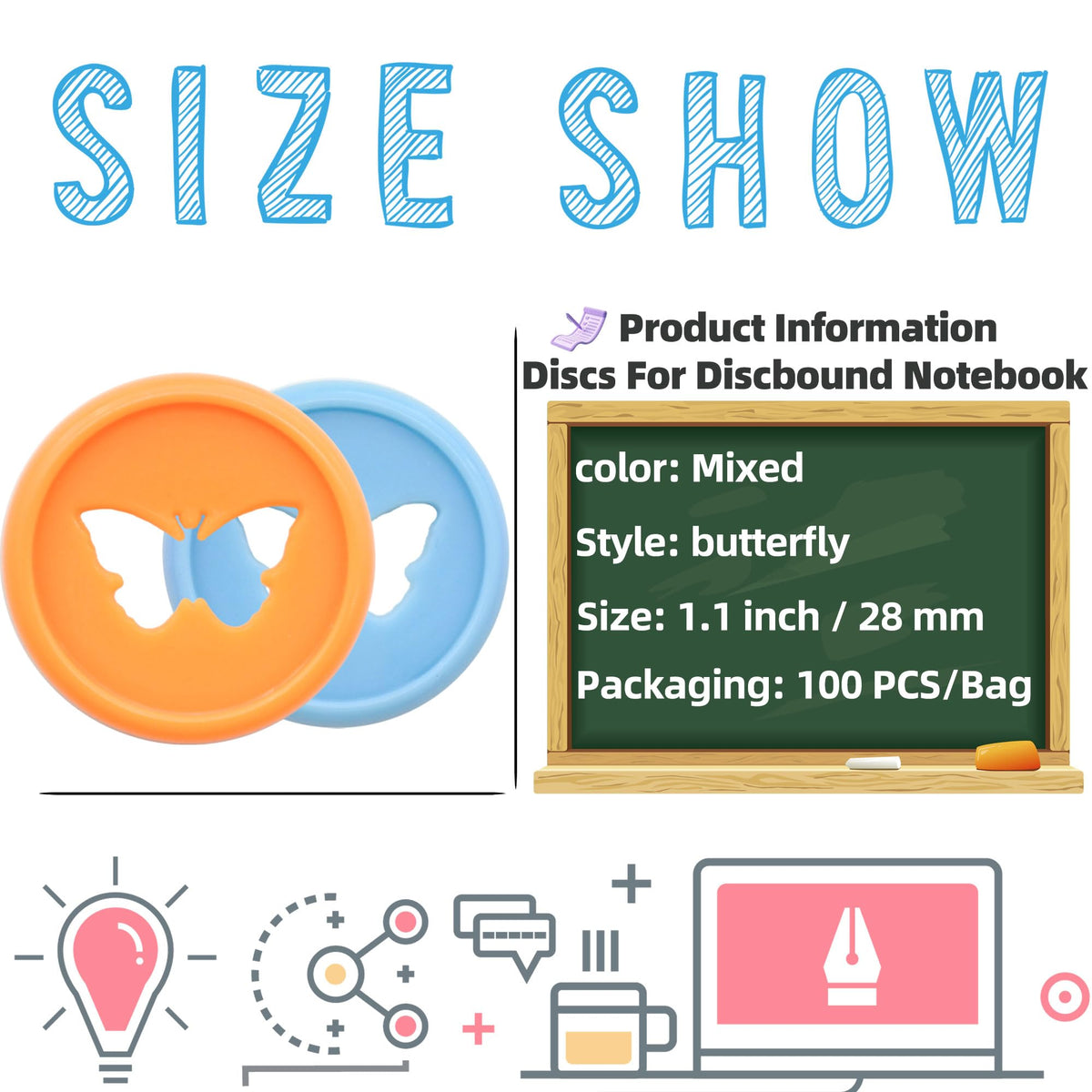 ITSYHPRO 1.1inch/28mm 100pcs Butterfly Shaped Discbound Planner Discs - Expansion Disc for Flexible Notebook Organization(Mixed)