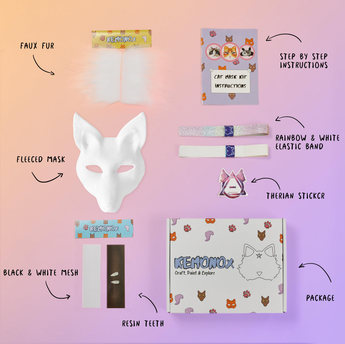 KemonoX Therian Canine Wolf Mask Kit - White Fleeced Wolf Mask Base with Faux Fur, Eye Mesh and Cat Like Fuzzy Fabric - Felted for You, Skip the Messy Work