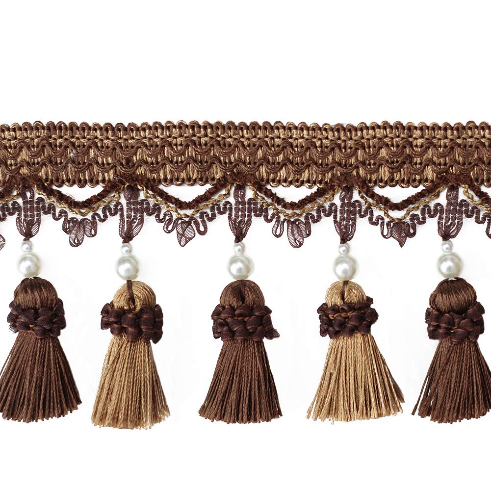 BEL AVENIR Tassel Fringe Trim 6.5 Yard x 3.15 Inches Luxury Beaded Tassel Fringing Trimmings (Dark Coffee)
