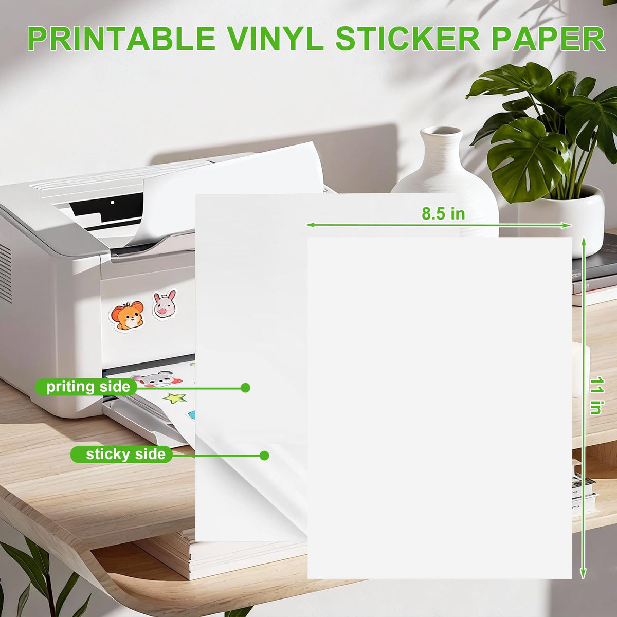 Printable Vinyl Sticker Paper - Waterproof Paper for Inkjet & Laser Printers, 100 Sheets 8.5 x 11 Inches Matte White Self-Adhesive Paper, Fast Dry for DIY Crafts, Labels and Decals