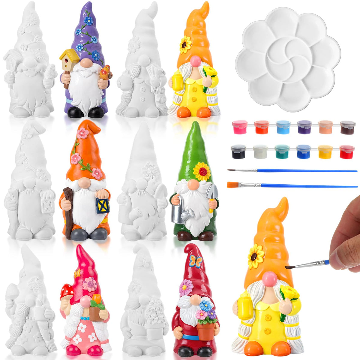 Arrowbash 6 Pcs Garden Ceramics to Paint Ready to Paint Your Own Gnome Statues 5.12 Wildflowers Theme Paintable Figurines DIY Unpainted Ceramics Plaster Crafts Kit with Brush Palette