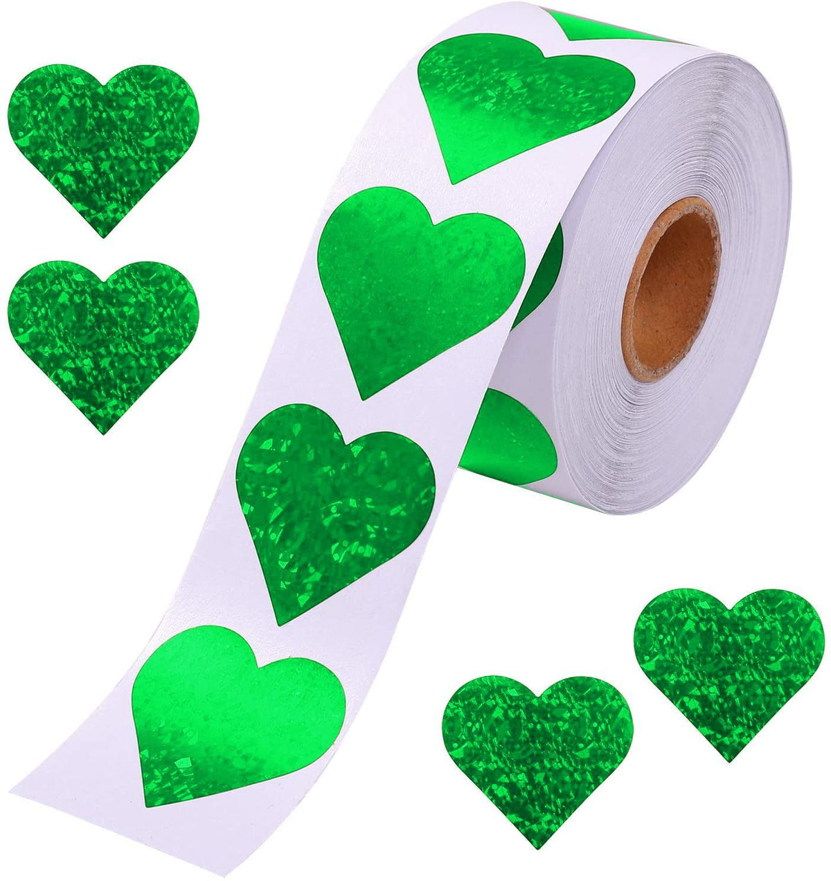 1.5" Glitter Red Heart Stickers and 1.5" Glitter Green Heart Stickers, 2 Roll 1000 Piece
