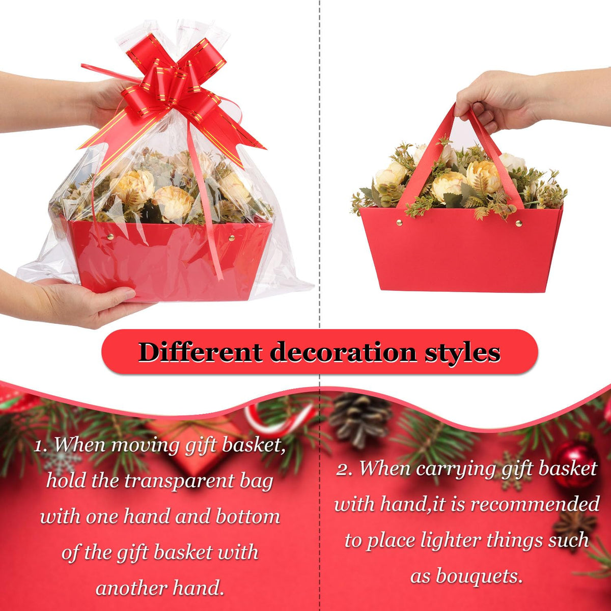 Yiksonyo 15-Pack Red Gift Baskets Empty, Kraft Gift Basket Kit with Bags & Bows, Large 10 x 6.5 x 4.3 inches Red Kraft Gift Basket for Christmas, Birthday, Wedding, DIY and More