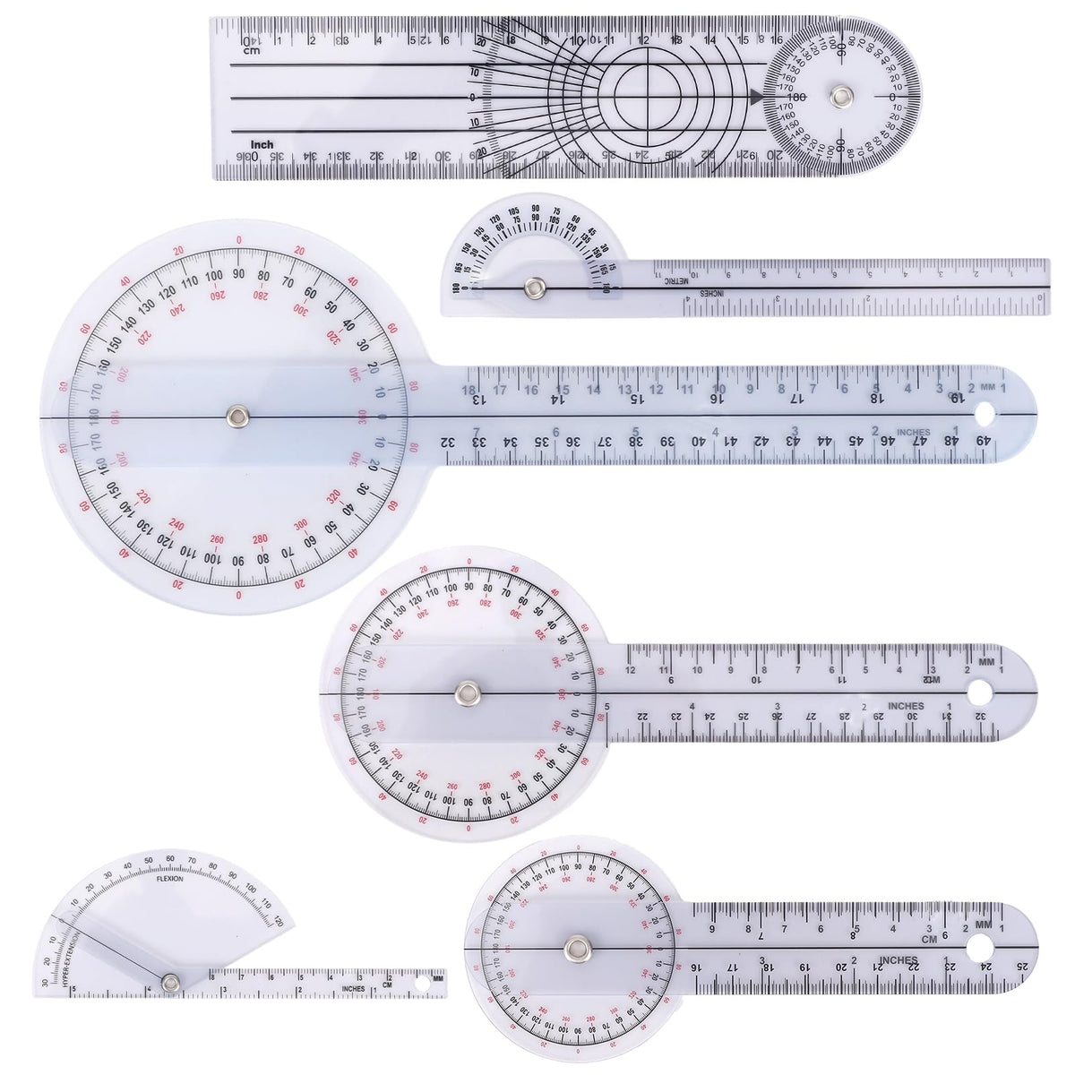 6pcs Goniometer Set, 360 Degree Transparent Finger Protractor 6/8/12 Inch Angle Ruler Measurement Tool for Physical