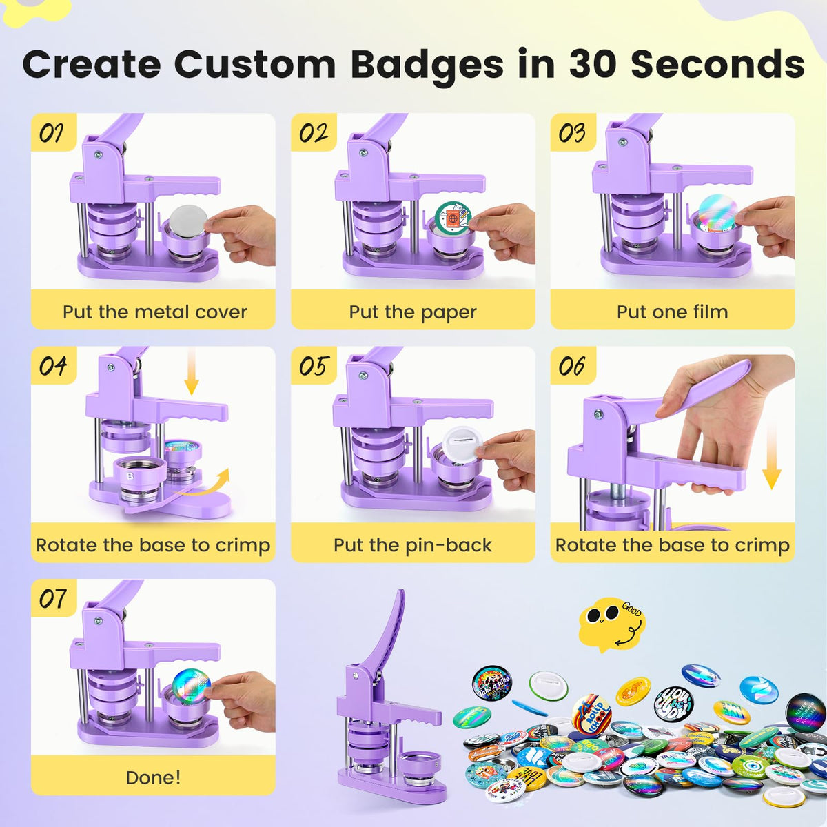 Button Maker Machine 2.25'' Button Press Machine Pin Badge Maker Machine with 100 Set Holographic Film, Button Pinback Making Supplies, Removable Dies, 1 Circle Cutter, 1 Cutting Mat, 50 Photo Paper
