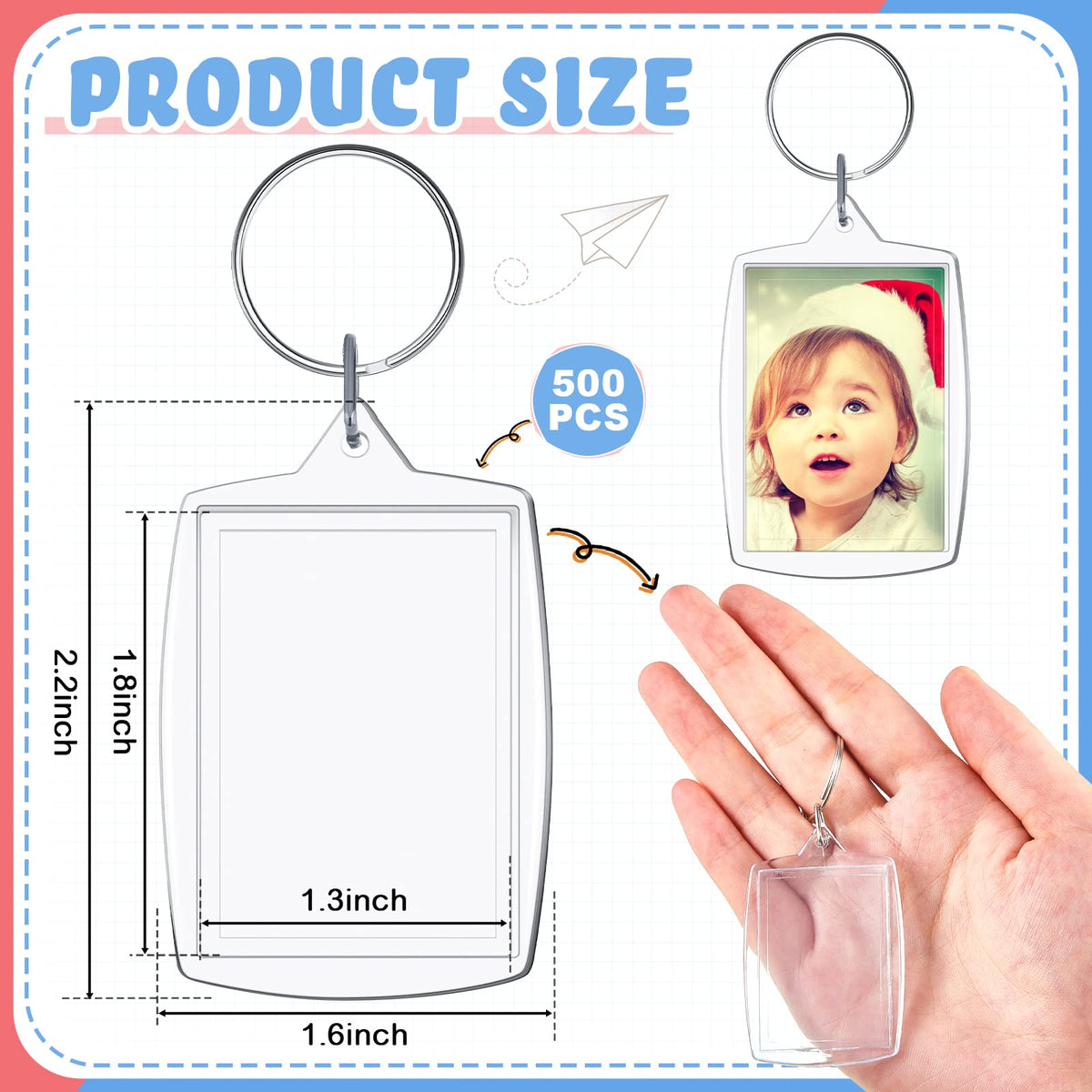 Junkin 500 Pcs 800 Pcs Acrylic Photo Frame Keyring 2.2 x 1.6 Inch Rectangle Clear Picture Keychains Bulk for DIY Crafts Family Gifts