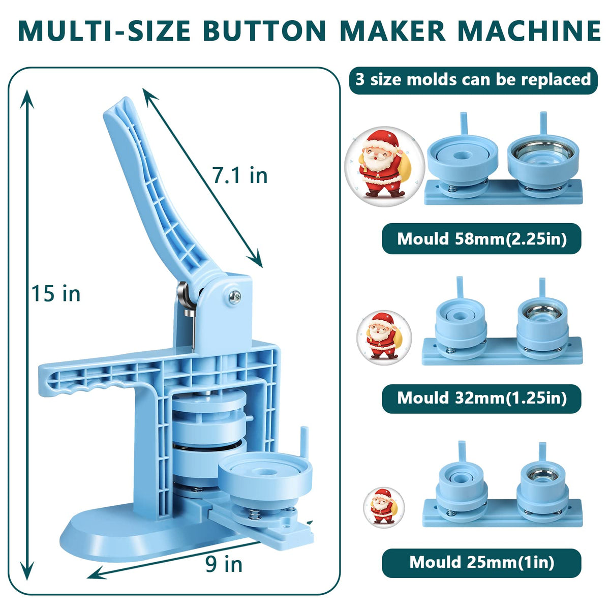 MK.Bear Button Maker Machine Multiple Sizes 1+1.25+2.25inch(4th Gen), DIY Button Pin Maker Machine Kit, Badge Press Machine with 300PCS 25+32+58mm Button Making Supplies& Cutting Mat&Circle Cutter