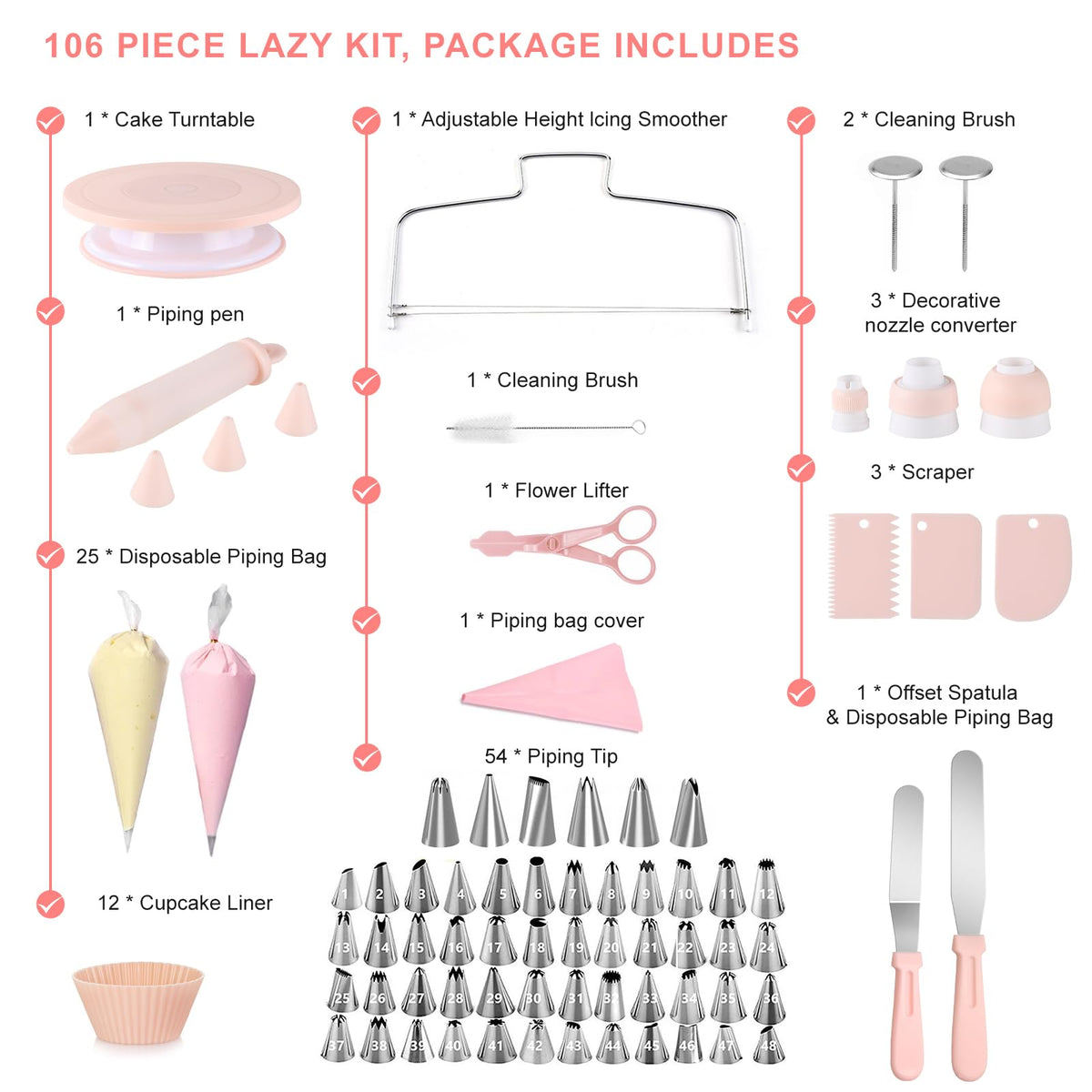 FGASIDYO 107PCS Cake Decorating Kit Includes Revolving cake turntable for decorating, Icing Bags and Tips Set, 2 Spatulas, 3 Cake Scraper, 25 Piping Bags, frosting piping kit, and 3 Coupler for Baking