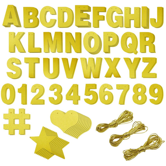 Make Your Own Banner Kit - 130-Piece, Gold Glitter, 5-Inch Characters - DIY Banner Kit with Glitter String Letters for Birthday & Wedding Party Decor