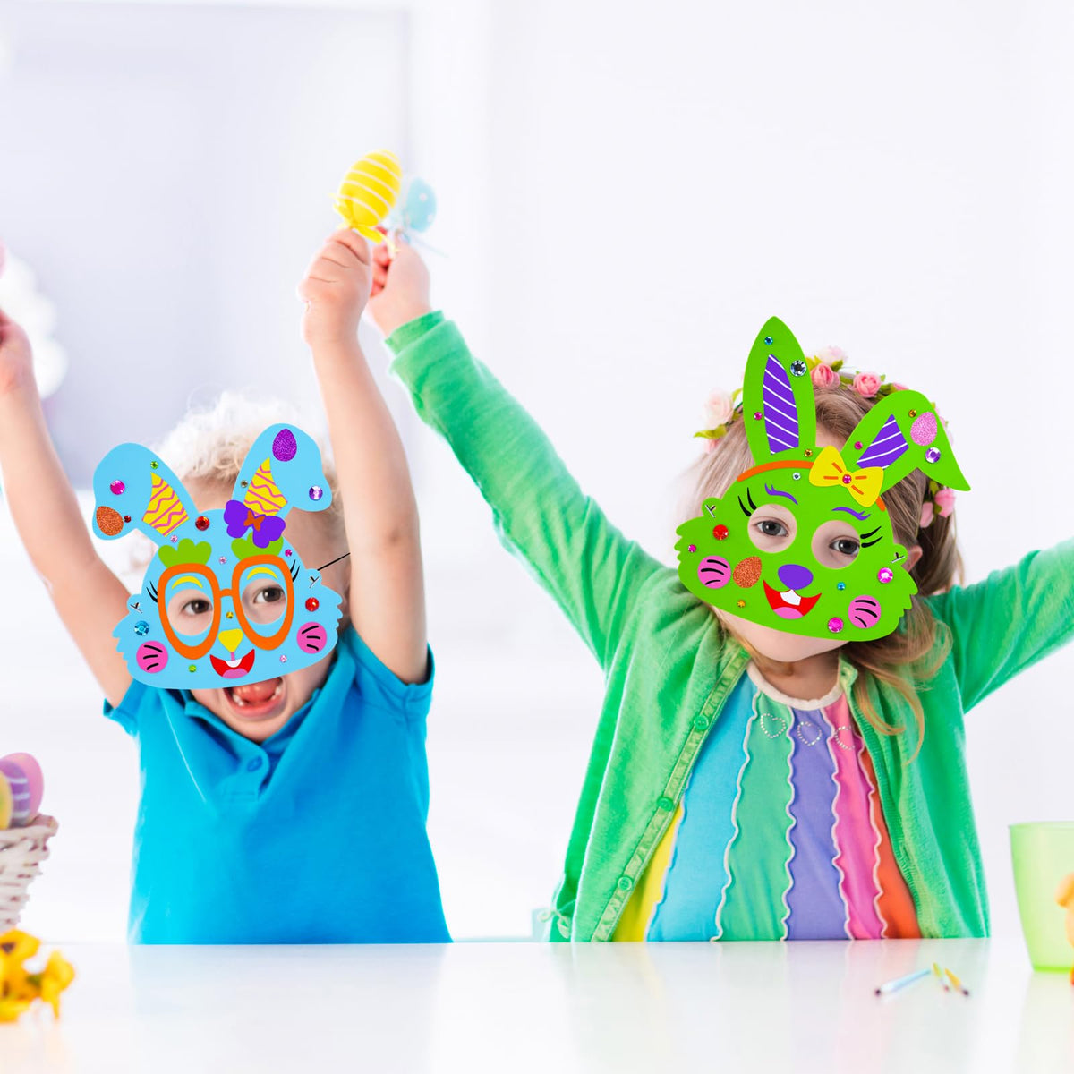 Winlyn 24 Sets Easter Bunny Masks Craft Kits DIY Foam Easter Bunny Party Mask Art Sets Bunny Face Stickers Arts and Crafts for Kids Party Favors Spring Easter Classroom Activities Art Project