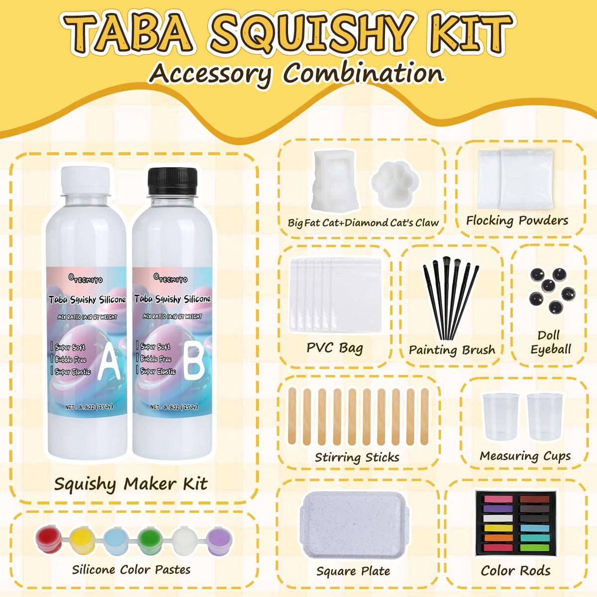 TECMIYO DIY Hand-Painted Squishy Making Kit – 18oz Liquid Silicone Gel for Taba Squishies with Chubby Cat and Cat Paw Molds
