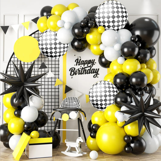 Black White Yellow Balloon Arch Kit,Balloons Garland Kit with Black White Checkered Star Balloons for Boys 1st Birthday Party Decorations