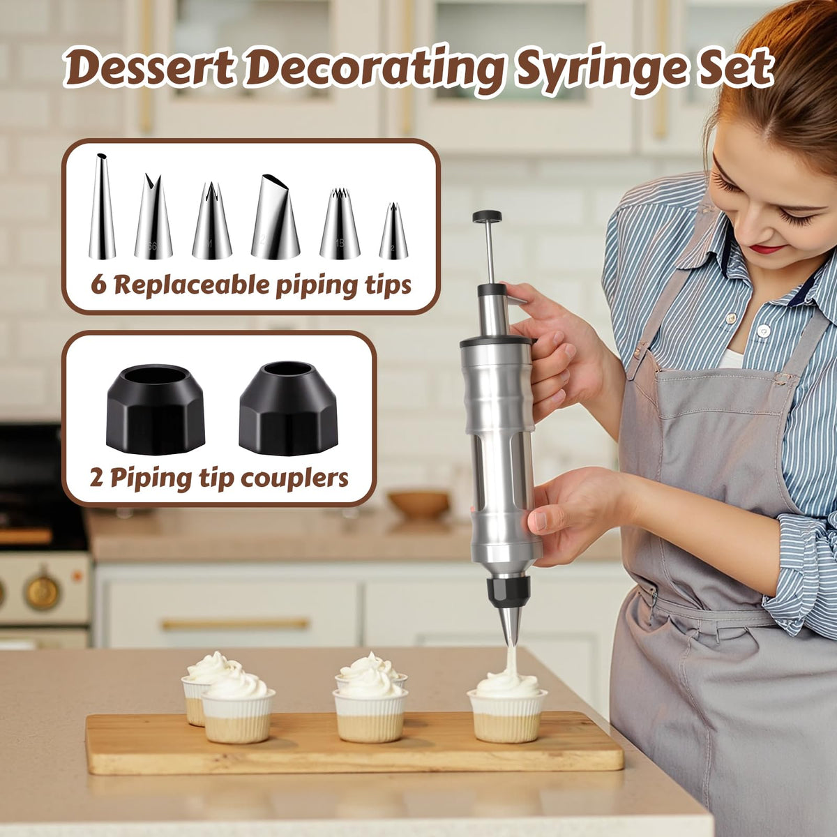 MIKESIER Dessert Decorating Syringe Set, Stainless Steel Frosting & Icing Piping Kit with 6 Tips and 9 Silicone Cupcakes,3 Cream Scraper for Cake Decorating Tools Cupcake Decorating Kit