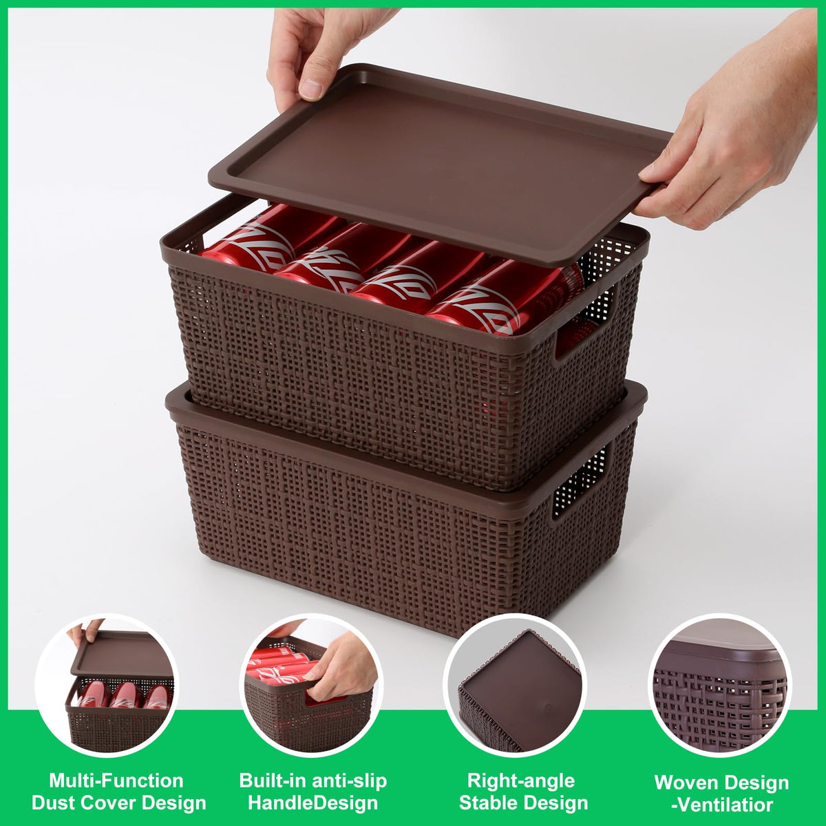 WRRLORS 6 Pack Plastic Storage Baskets With Lids,Brown Breathable Stackable Storage Bins,Small Storage Containers,for Organizing Storage Baskets on Desktops,Closets,Playrooms,Classrooms,Offices