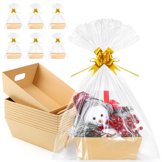 AFOROEOA 10PACK Baskets For Gifts Empty, 10 x 8”Thick Kraft Gift Basket with 10 Clear Gift Bags and 10 Pull Bows, Empty Gift Baskets for Christmas, Thanksgiving Wedding Birthday Party Wrapping Gift