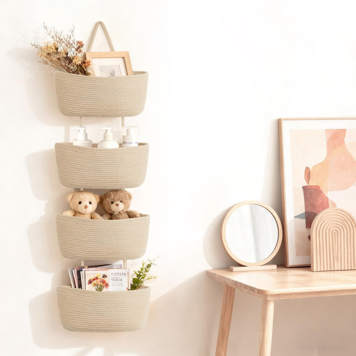 Dahey Over The Door Hanging Basket 4-Tier Woven Boho Wall Mounted Storage Organizer with Hooks for Bedroom Nursery Bathroom Apartments Dorm Pantry Decor, Jute