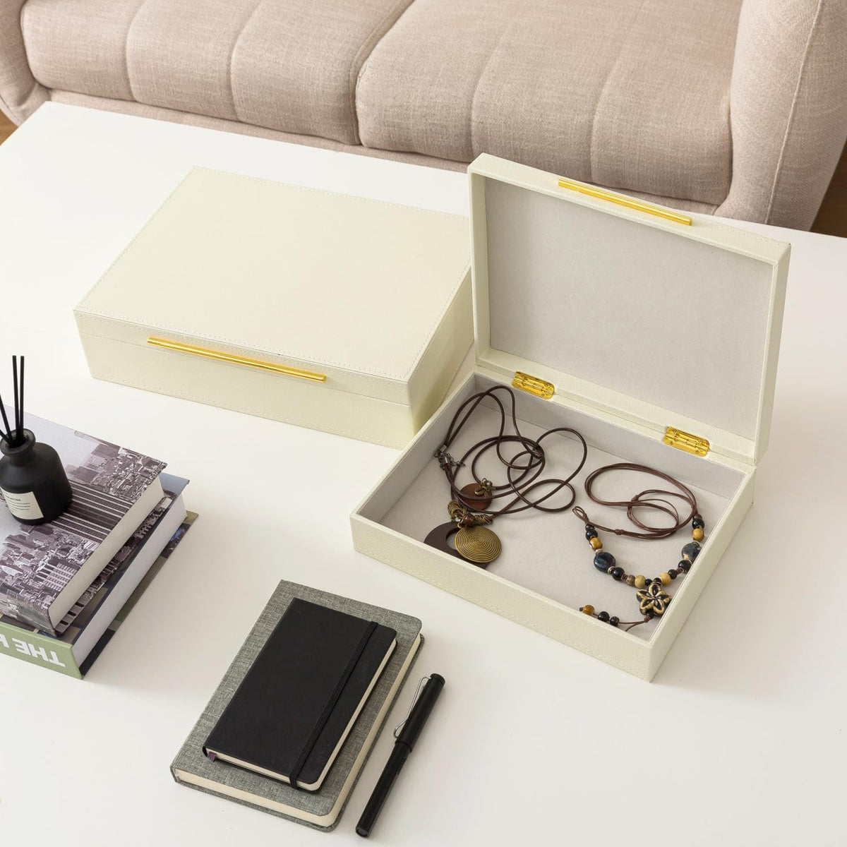 Soul & Lane Faux Leather Decorative Boxes with Lids and Gold Hardware for Home Decor, Set of 2 Stacking Hinged Boxes for Coffee Table and Living Room Shelves, Nesting Remote Control Holder, Ivory