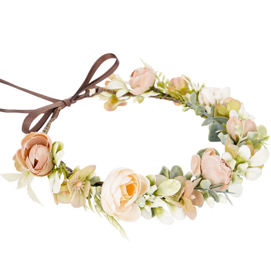 KorViSHOW Fairy Flower Crown Headbands - Handmade Bohemian Rose Floral Headpiece Renaissance Hair Accessories for Women Girls Weeding Birthday Festivals Party Headdress (Champagne)