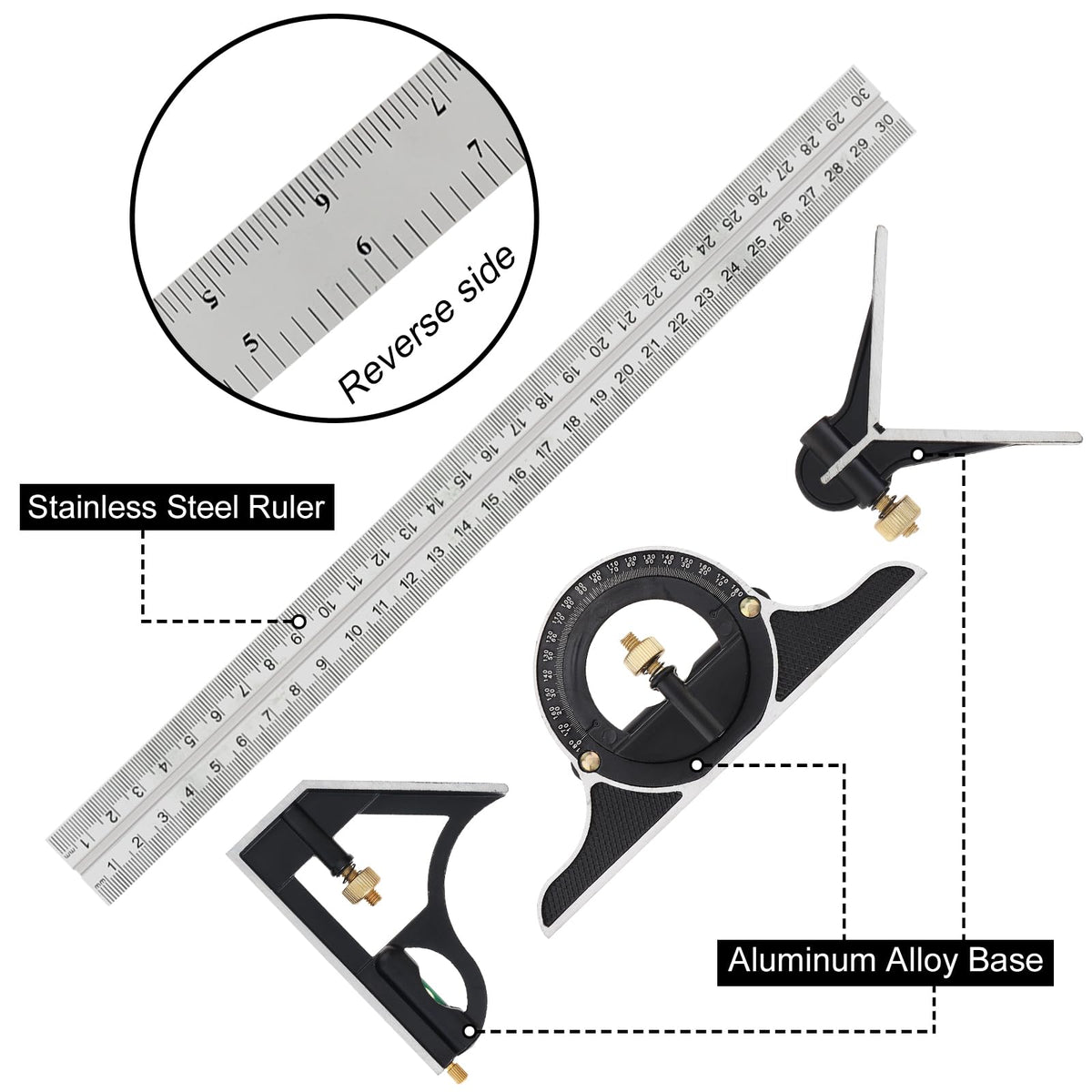 ChgImposs 12" Adjustable Sliding Combination Square Ruler & Protractor Level Measure Measuring Set, Inch/Metric