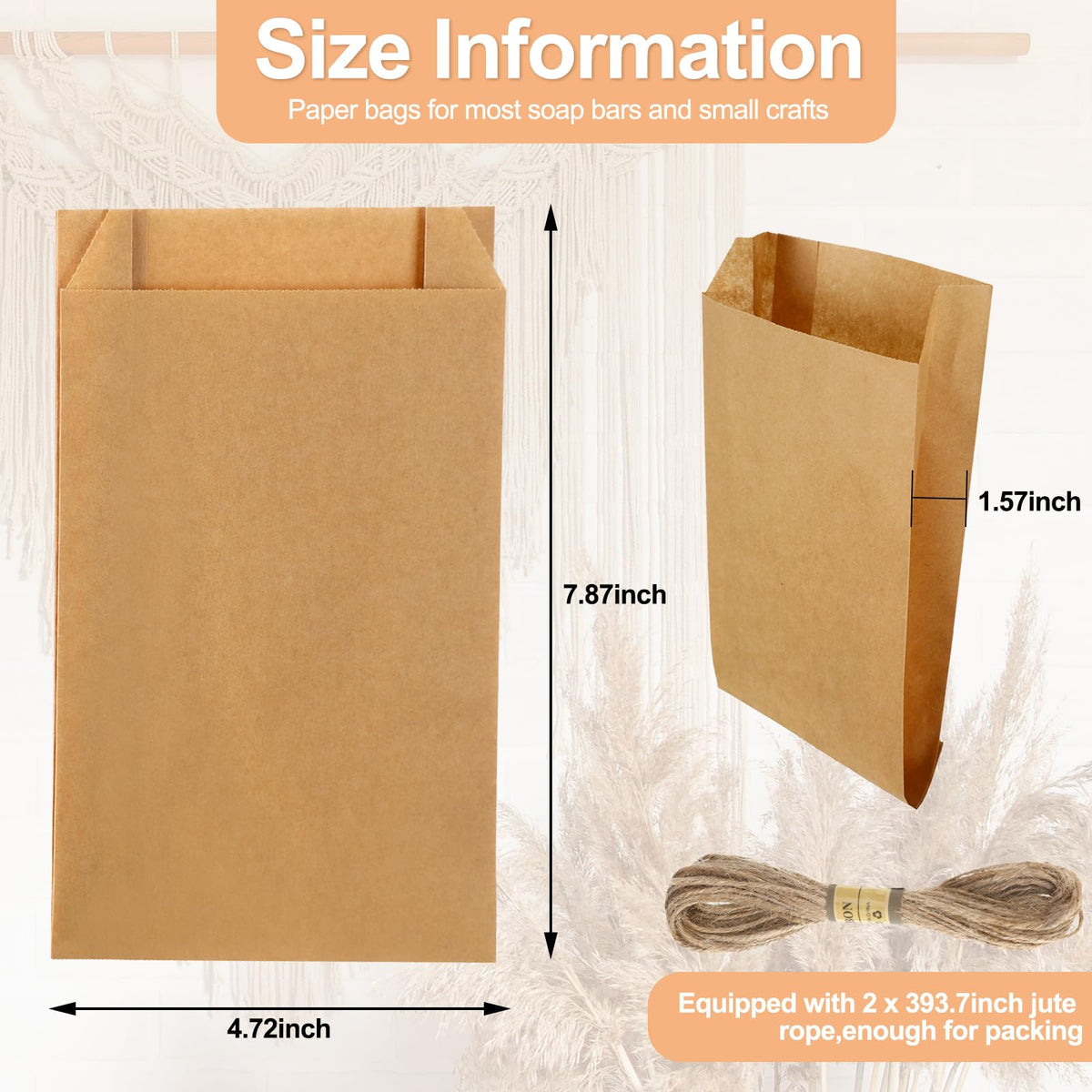Fulmoon 100 Pieces Soap Paper Bags, 5'' x 8'' Kraft Paper Bags for Packaging Soap Making Wrappers with 394 In Jute Ropes for Candy Lipstick Gift Crafts Merchandise Wedding Gift Wrapping (Solid Color)