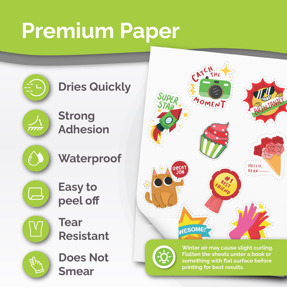 Premium Printable Vinyl Sticker Paper for Inkjet & Laser Printer - 56 Sheets Self-Adhesive Sheets Matte White Waterproof, Dries Quickly Vivid Colors, Holds Ink Well - Tear Resistant