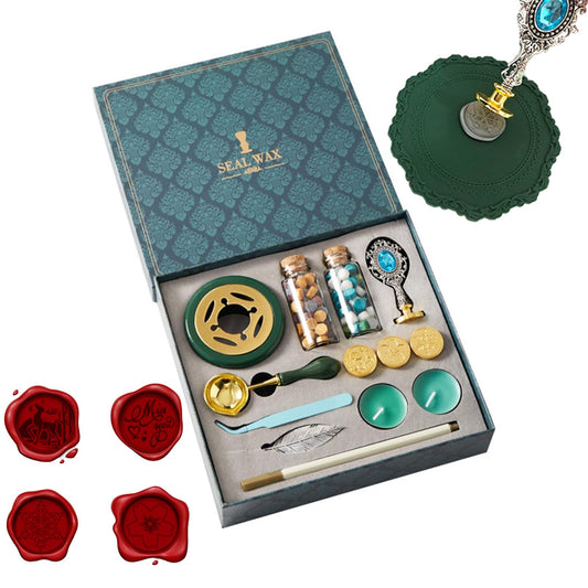 FireBee Wax Seal Kit with Gift Box, 4 Sealing Wax Stamps with Seal Beads, Demold Mat, Stir Pin, Tweezers, Warmer with Melting Spoon Set for Wedding Invitations, Wine Packages, Envelopes