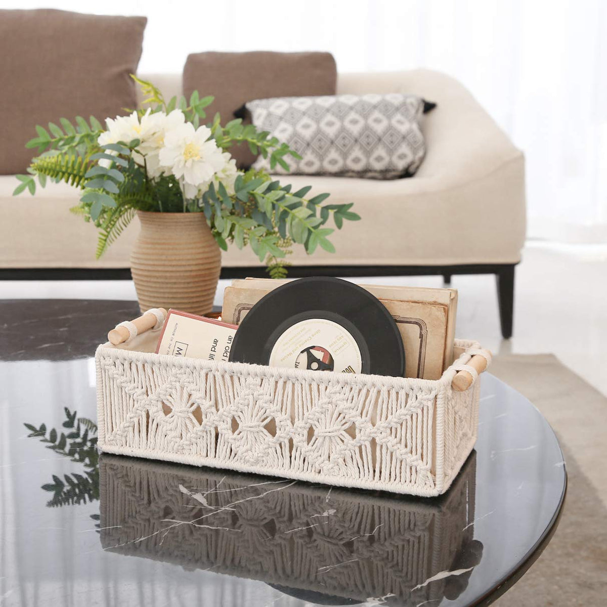 Mkono Macrame Storage Baskets Boho Decor Box Handmade Woven Decorative Countertop Toilet Tank Shelf Cabinet Organizer for Bedroom Livingroom Home, Set of 2, Ivory
