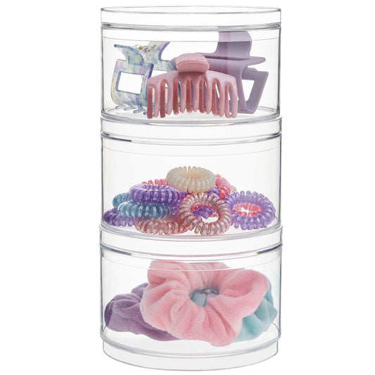 STORi Bella Stackable Clear Plastic Container (Set of 3) Round Vanity Storage Organizers with Lids for Hair Accessories & Beauty Supplies | Made in USA