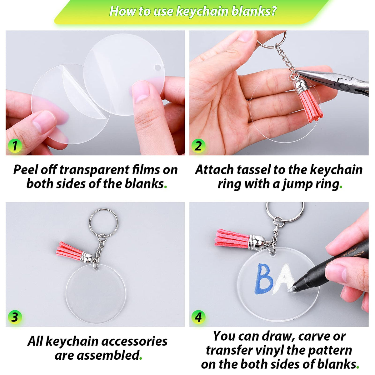 Cruzix 200Pcs Blank Keychains for Vinyl, Acrylic Keychain Blanks Bulk with 5 Shapes Clear Acrylic Disc Leather Tassel Charms Key Chains Jump Ring for DIY Craft Ornament Engrave Painting