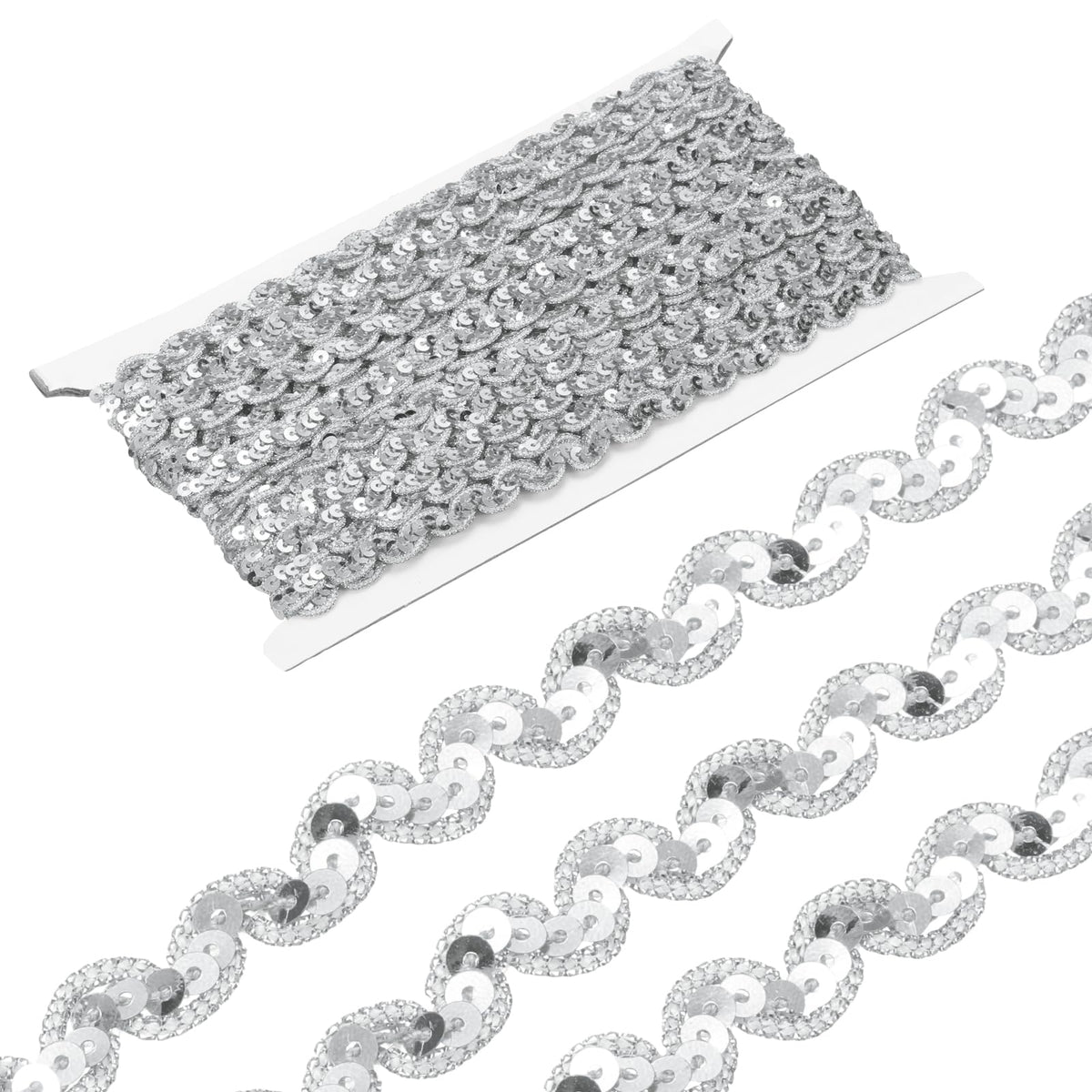 MECCANIXITY 15 Yards Sewing Sequin Trim 0.4 Inch Sequin Braid Beaded Lace Trim Strip Paillette Ribbon for Crafts, Embellishments, DIY Sewing Costume Silver