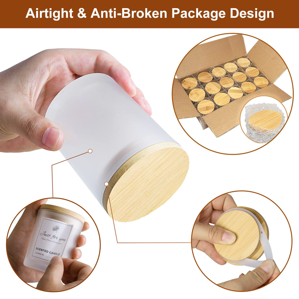 CONNOO 15 Pack 7 OZ Frosted Empty Candle Jars with Bamboo Lids and Sticky Labels for Making Candles - Thick Glass Candle Jars in Bulk with Lids. Dishwasher Safe.