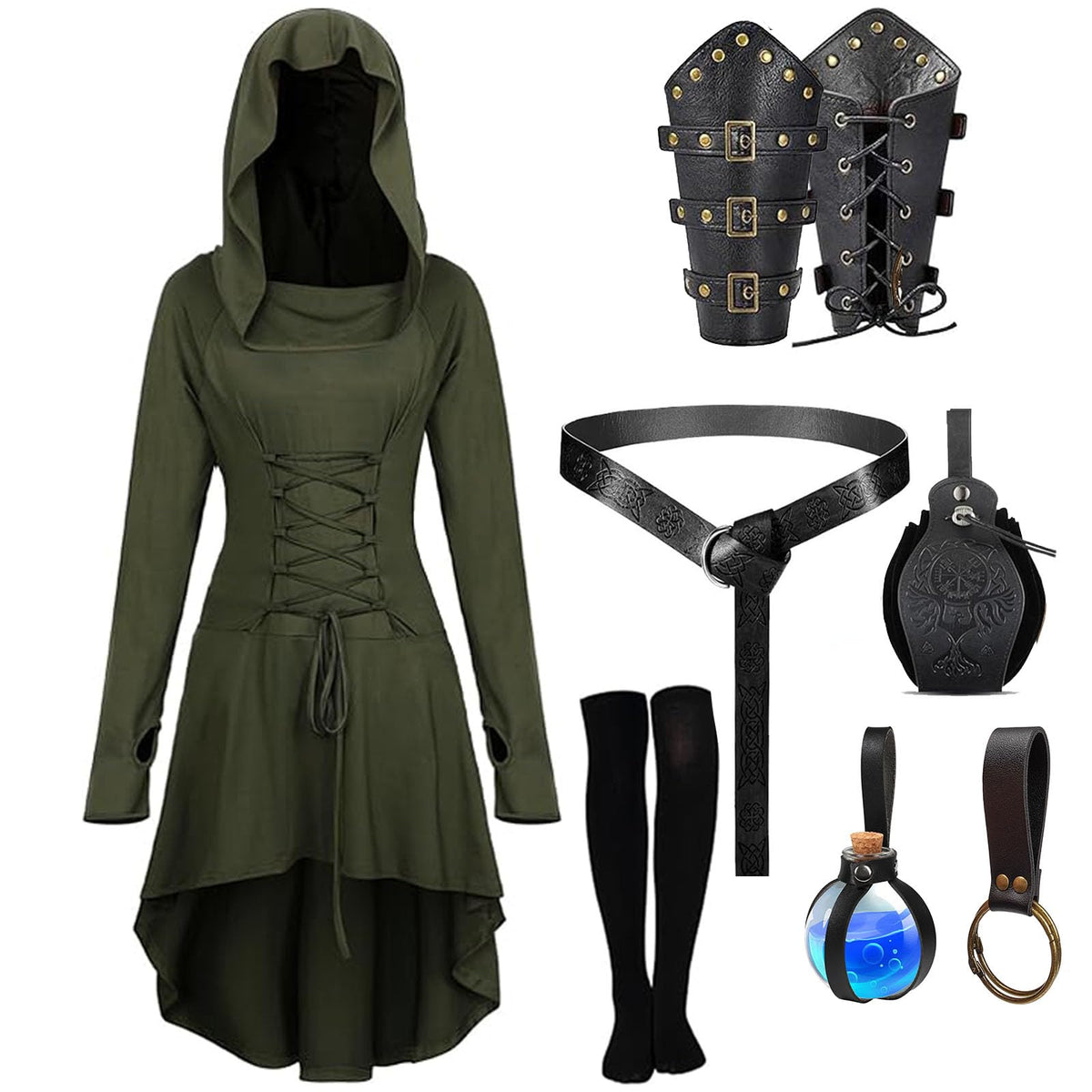 SUMGOGO 8 Pcs Renaissance Womens Costume Medieval Hooded Robe Belt Pouch Arm Bracers Hook Potion Bottole DIY Festival Accessory (Green-Black, M)