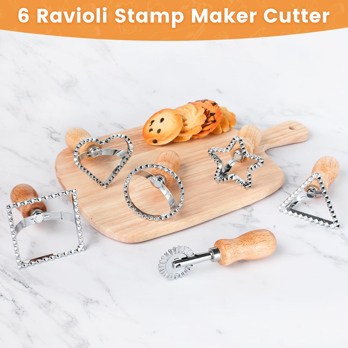 6PCS Ravioli Stamp Maker Cutter,Roller Wheel Included,Pasta Maker Mold with Wooden Handle and Fluted Edge,5 Different Shape Cutters,for Ravioli,Pasta,Dumplings Lasagna,Pierogi