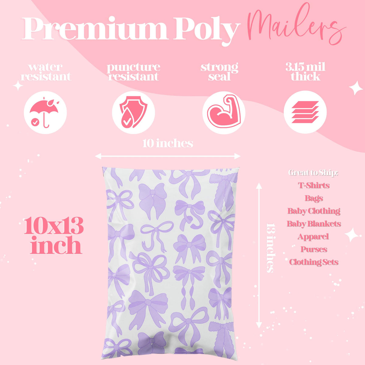 Pretty Package Store 6x9 Designer Poly Mailer 100 Pack Heavy Duty Waterproof Self Seal Shipping Bags for Small Business Large Mailing Envelopes Bulk Tear Resistant Packaging Purple Bows