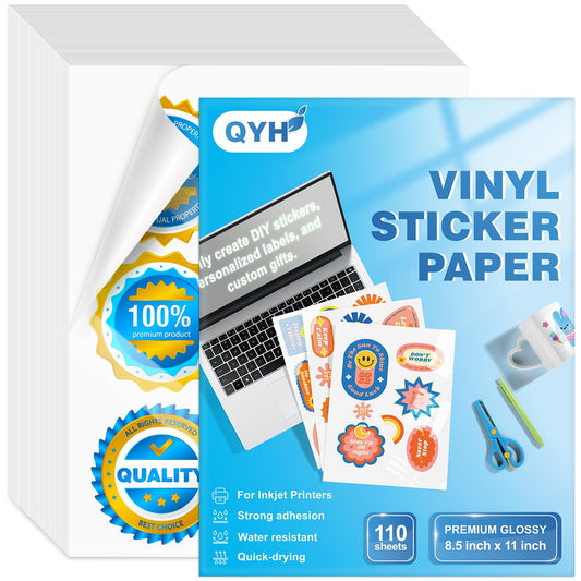 QYH Printable Vinyl Sticker Paper for Inkjet Printer - 110 Sheets Glossy White Waterproof Self-Adhesive Sticker Paper, 8.5"x11" Letter Size for Custom Decals, Labels & Crafts