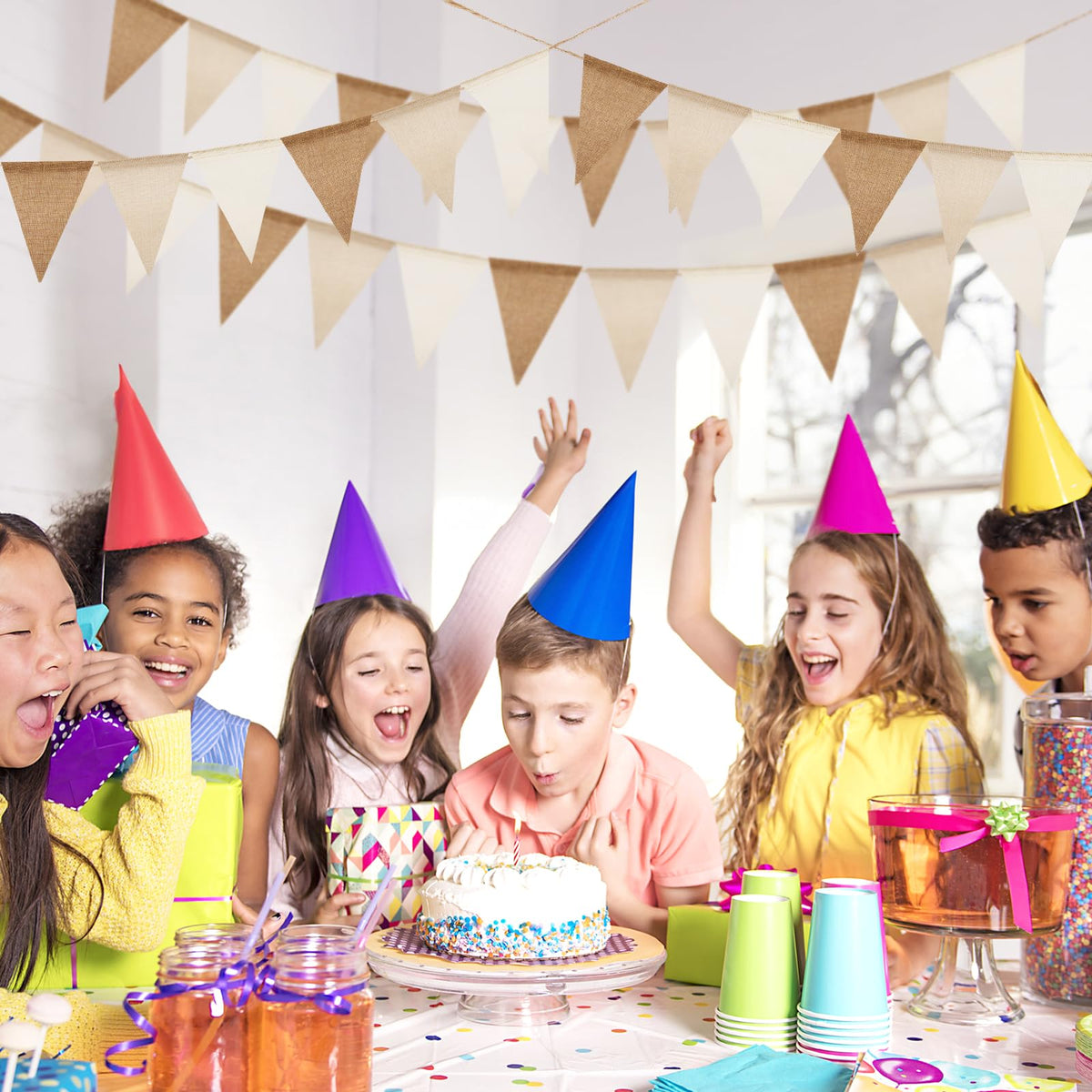 G2PLUS Pre-Strung Burlap Pennant Banner, 39Ft Linen Triangle Flag Bunting, 36pcs Pennant Banner Bunting Garland for Birthday, Wedding, Camping, Rustic Boho Theme Party Decorations