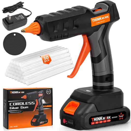 THINKWORK 20V Cordless Hot Glue Gun and Sticks Set, Rechargeable Glue Gun with 30 PCS Full Size Sticks and Battery, Fast Heating for Arts & Crafts, DIY Projects and Home Repairs