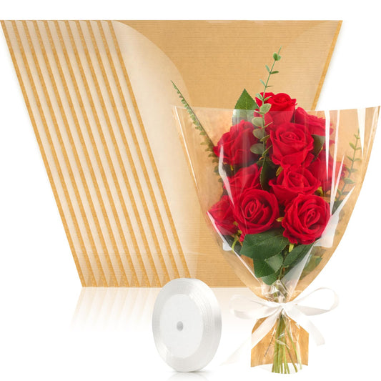 CLUEWR 50 PCS Flower Bags for Bouquets, Floral Wrapping Sleeves with Ribbons Florist Wrap Supplies, 15.7 x 13.7 Inches