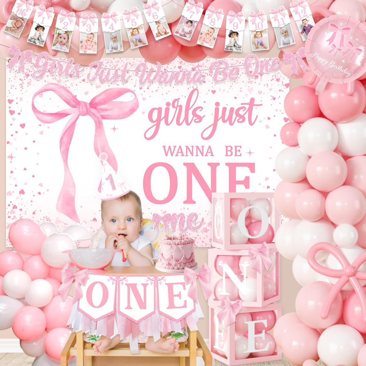 Pink Bow 1st Birthday Decorations, Girls Just Wanna Be One Birthday Decorations Kit Include Pink White Balloon Arch,Backdrop,Banner,Balloon Boxes,High Chair Banner,Bow Tablecloth,Bow Cupcake Toppers